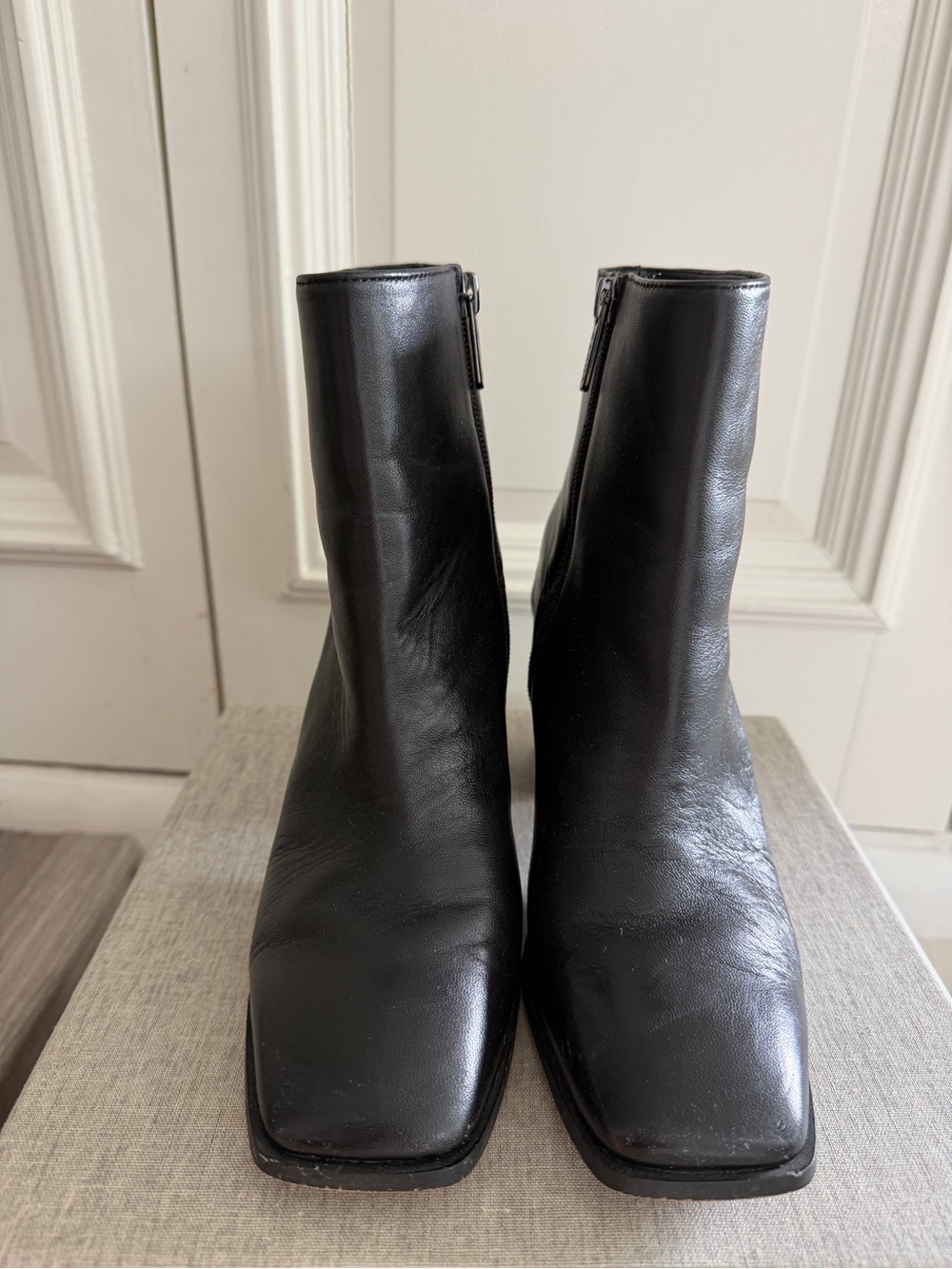 Franco Sarto Black Leather Ankle Booties with Block Heel - Picture 4 of 10